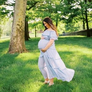 Light Blue Off Shoulder Eyelet Tiered Maternity Maxi Dress